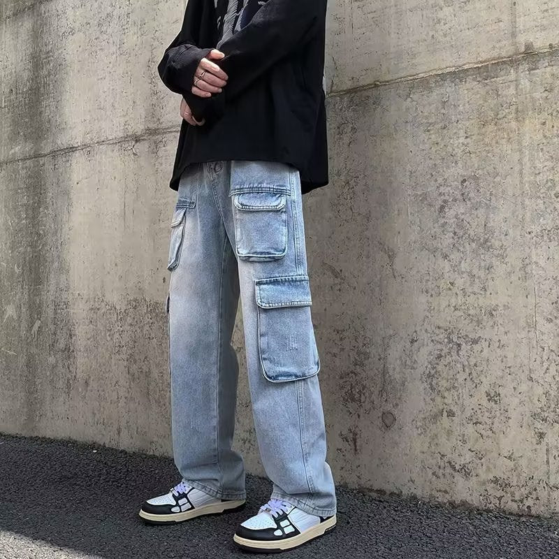Cargo Jeans Men's Distressed Straight Loose Pants