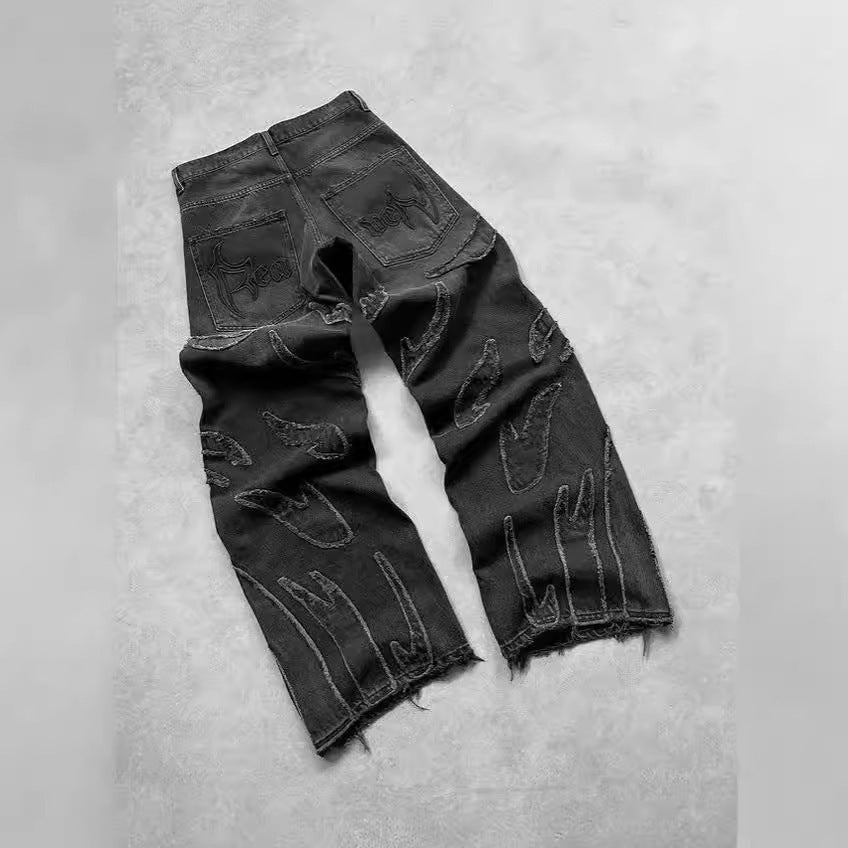 Retro Black Patchwork Hole Jeans Hip Hop