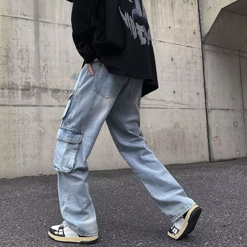 Cargo Jeans Men's Distressed Straight Loose Pants