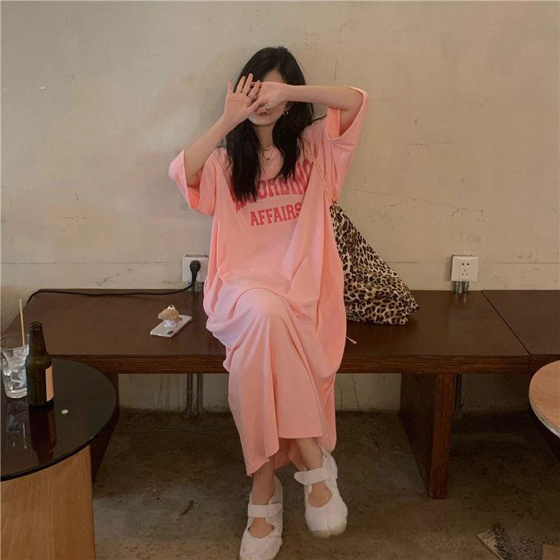 Summer Korean version of Korea Plus Size Women's Casual Long Dress Fat mm Loose Over-the-Knee T-Shirt Long Skirt Women's Nightdress