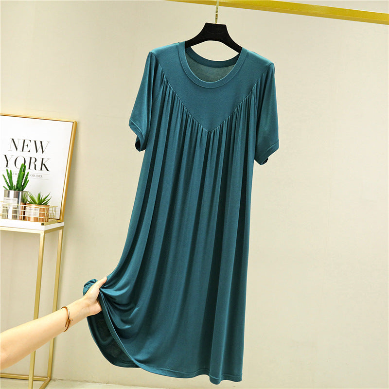 Modal loose dress women's summer thin nightdress plus size stretch solid color over pleated A-line skirt