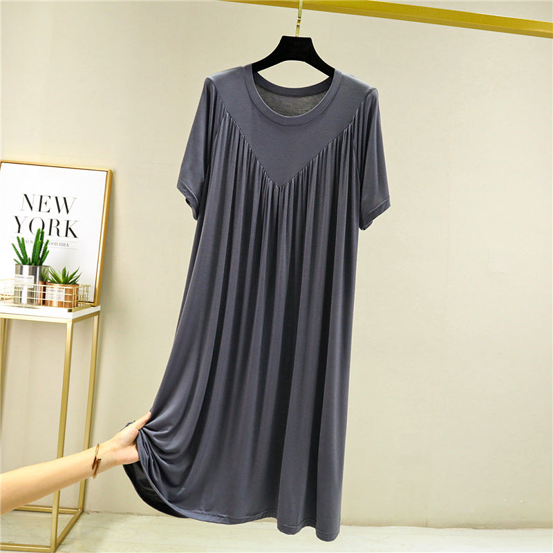 Modal loose dress women's summer thin nightdress plus size stretch solid color over pleated A-line skirt