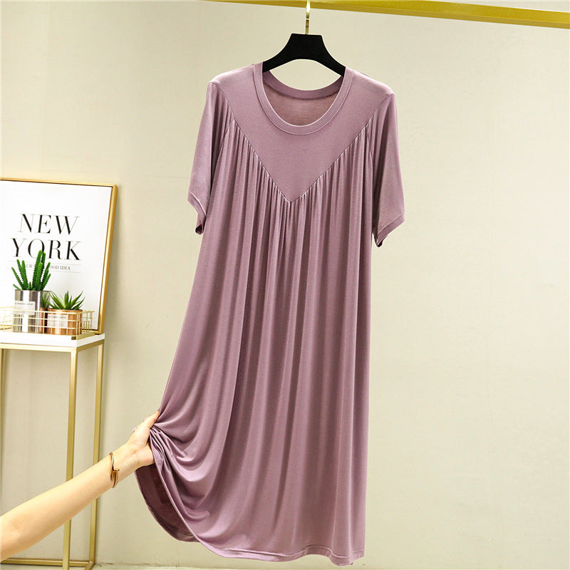 Modal loose dress women's summer thin nightdress plus size stretch solid color over pleated A-line skirt