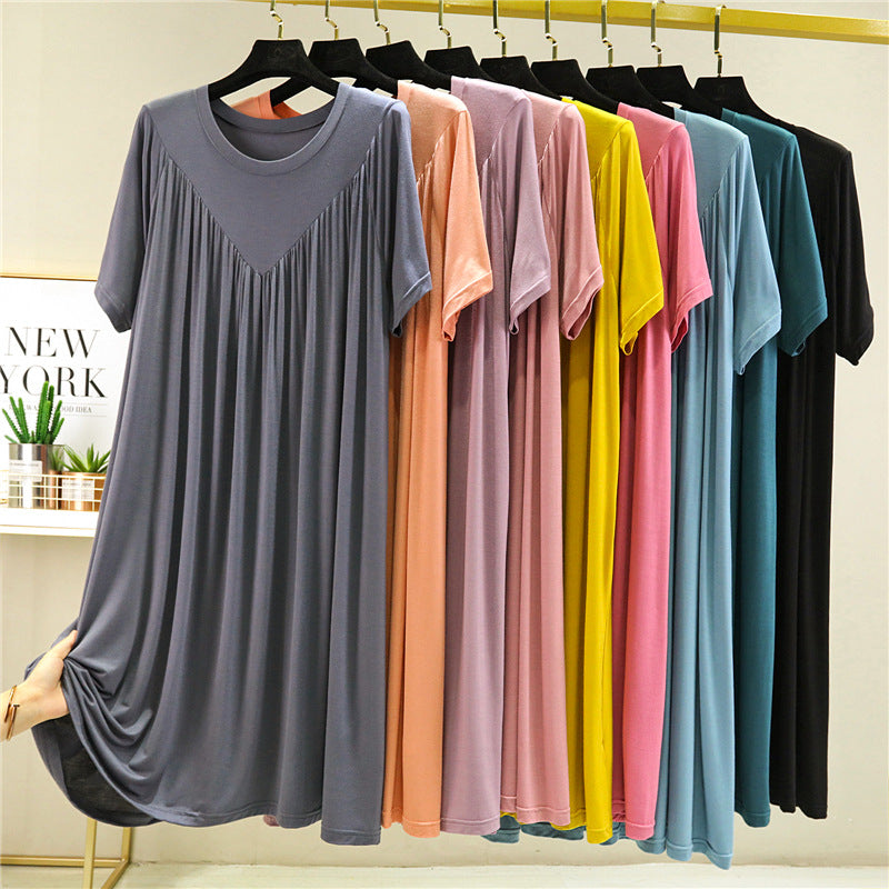 Modal loose dress women's summer thin nightdress plus size stretch solid color over pleated A-line skirt