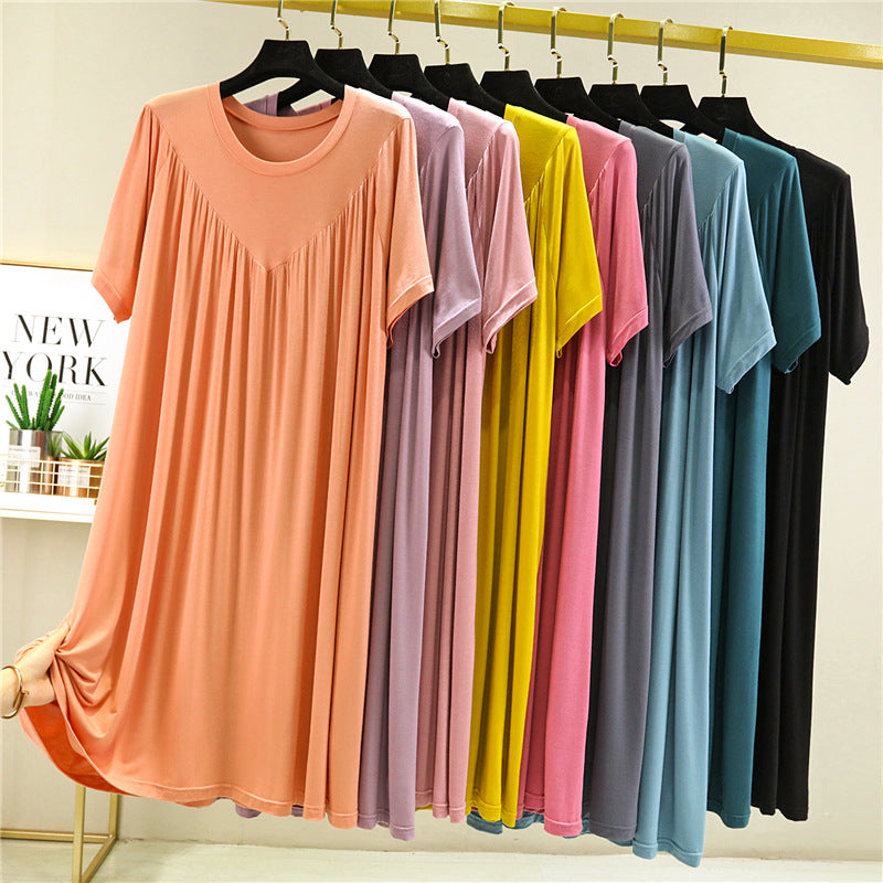 Modal loose dress women's summer thin nightdress plus size stretch solid color over pleated A-line skirt