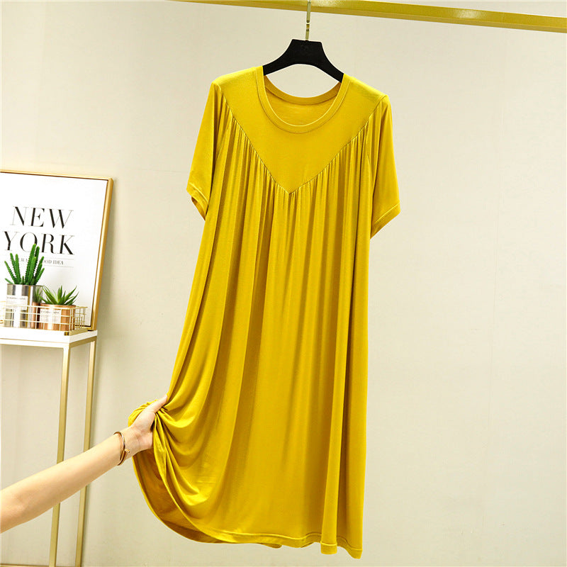 Modal loose dress women's summer thin nightdress plus size stretch solid color over pleated A-line skirt