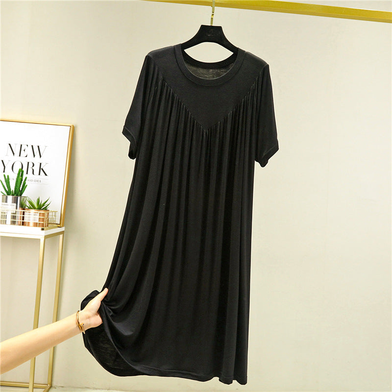 Modal loose dress women's summer thin nightdress plus size stretch solid color over pleated A-line skirt