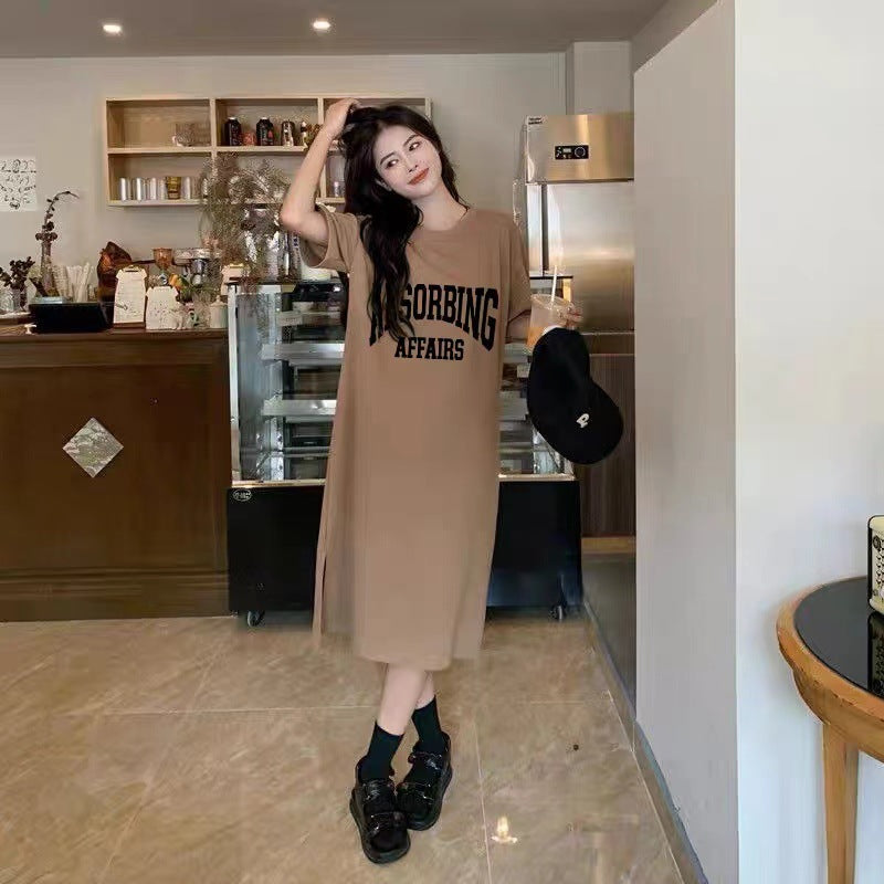 Summer Korean version of Korea Plus Size Women's Casual Long Dress Fat mm Loose Over-the-Knee T-Shirt Long Skirt Women's Nightdress