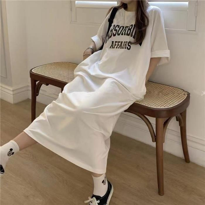 Summer Korean version of Korea Plus Size Women's Casual Long Dress Fat mm Loose Over-the-Knee T-Shirt Long Skirt Women's Nightdress