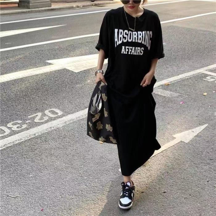 Summer Korean version of Korea Plus Size Women's Casual Long Dress Fat mm Loose Over-the-Knee T-Shirt Long Skirt Women's Nightdress