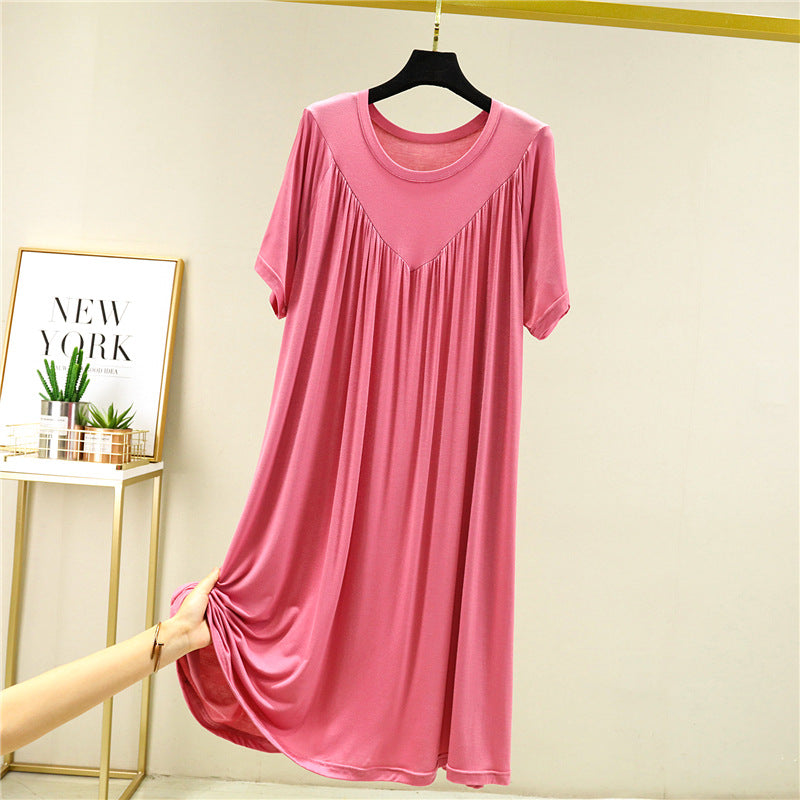 Modal loose dress women's summer thin nightdress plus size stretch solid color over pleated A-line skirt