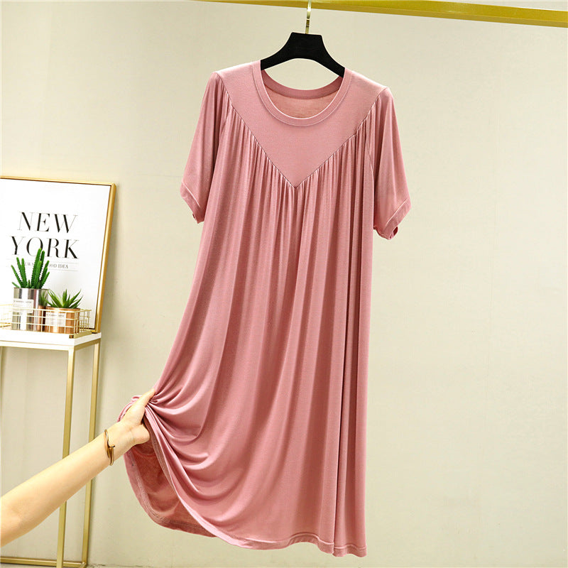 Modal loose dress women's summer thin nightdress plus size stretch solid color over pleated A-line skirt