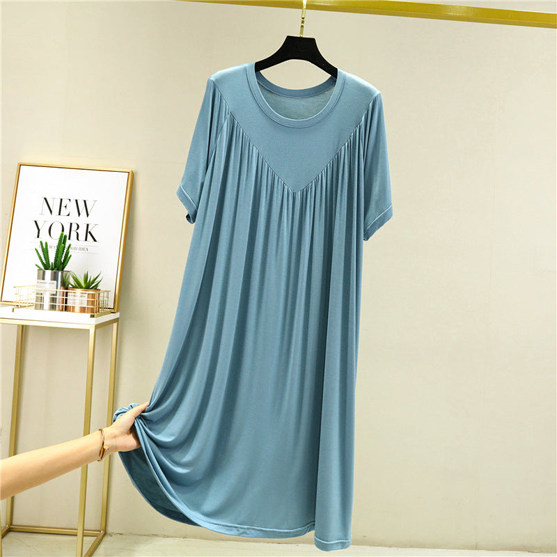 Modal loose dress women's summer thin nightdress plus size stretch solid color over pleated A-line skirt