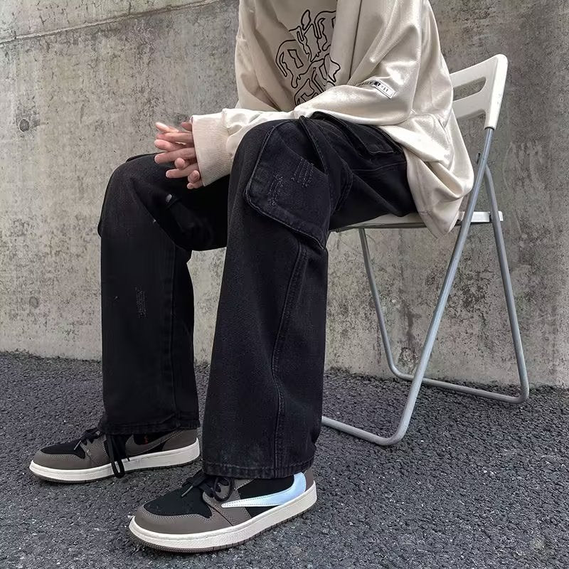Cargo Jeans Men's Distressed Straight Loose Pants