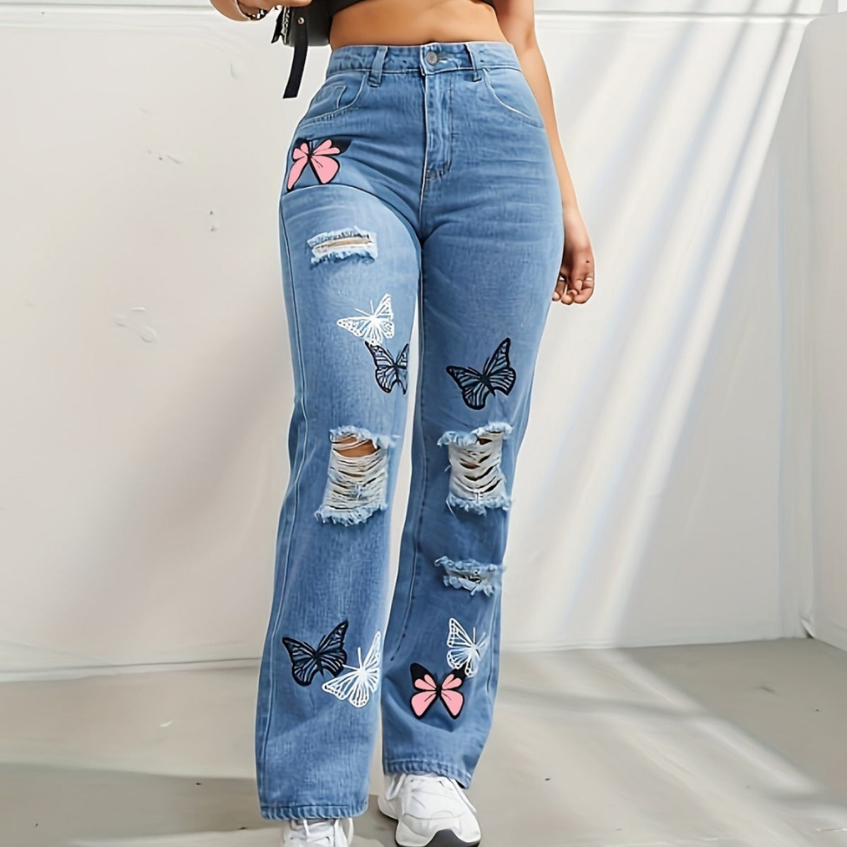 Trendy Butterfly Print Ripped Distressed Denim Pants