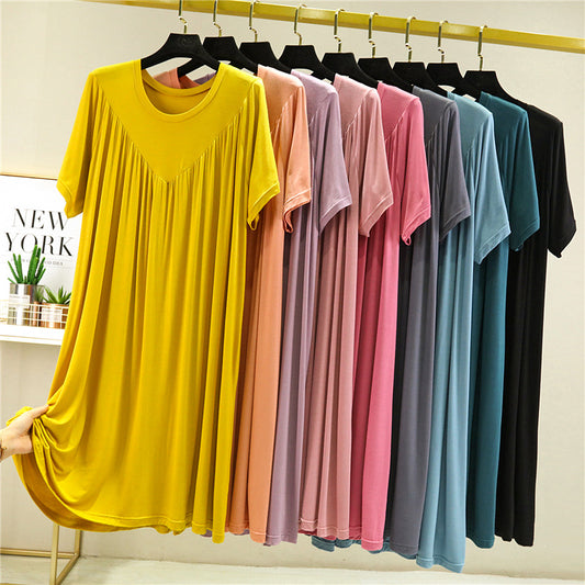 Modal loose dress women's summer thin nightdress plus size stretch solid color over pleated A-line skirt