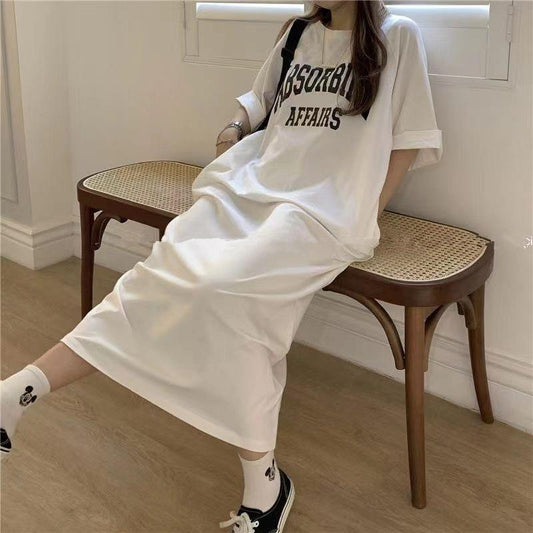 Summer Korean version of Korea Plus Size Women's Casual Long Dress Fat mm Loose Over-the-Knee T-Shirt Long Skirt Women's Nightdress