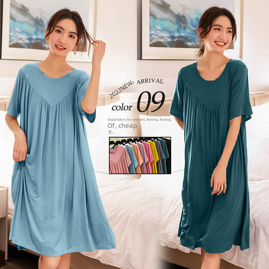Modal loose dress women's summer thin nightdress plus size stretch solid color over pleated A-line skirt