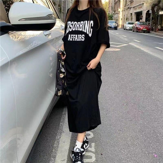 Summer Korean version of Korea Plus Size Women's Casual Long Dress Fat mm Loose Over-the-Knee T-Shirt Long Skirt Women's Nightdress