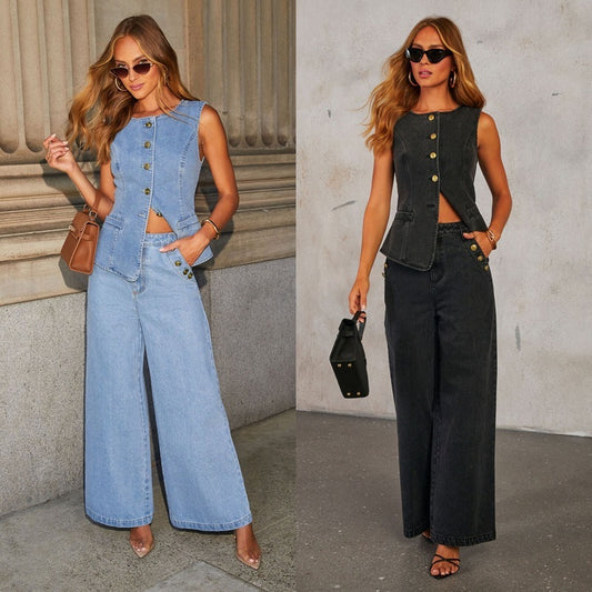 Denim Vest Suits Fashion Sleeveless Button Tops